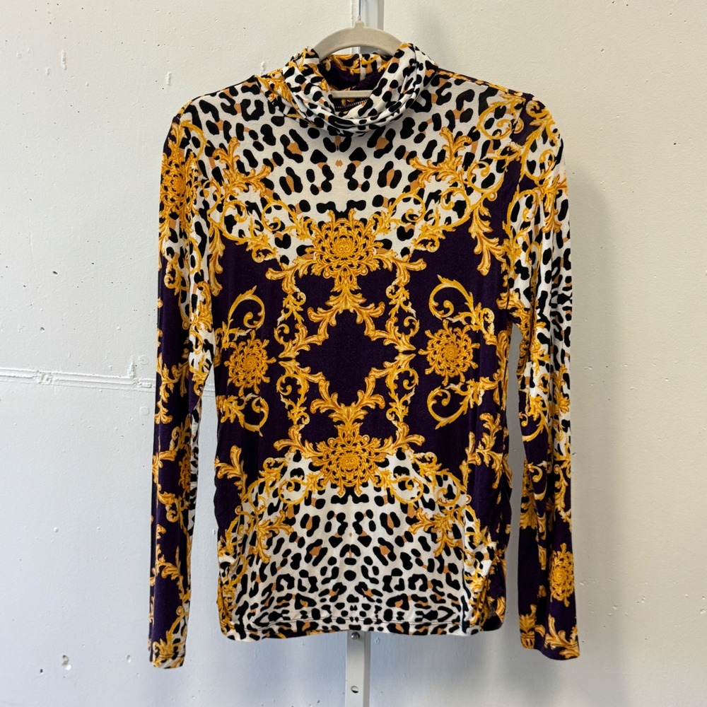 IMAN Global Chic Purple Gold Baroque Leopard Print Turtleneck Top Small Soft